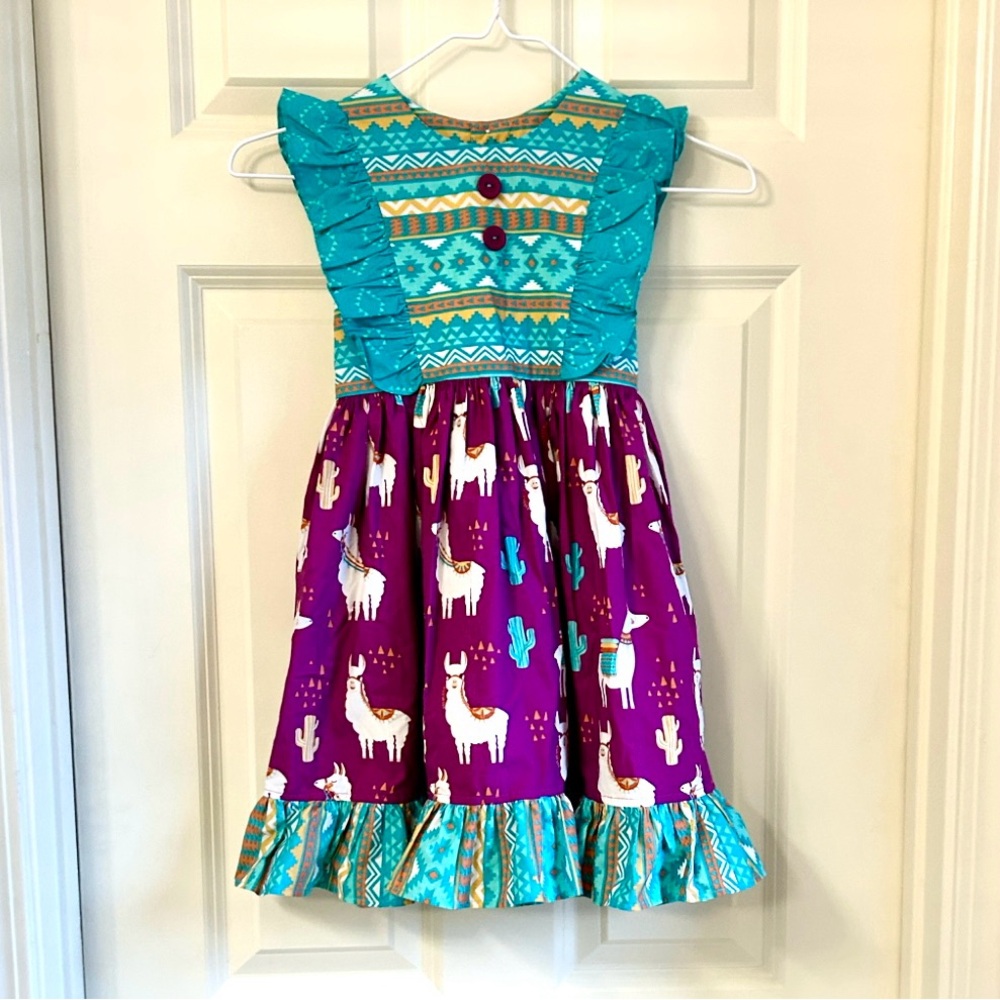 Eleanor Rose Teal and Purple Llama Dress Girl Size 5-6